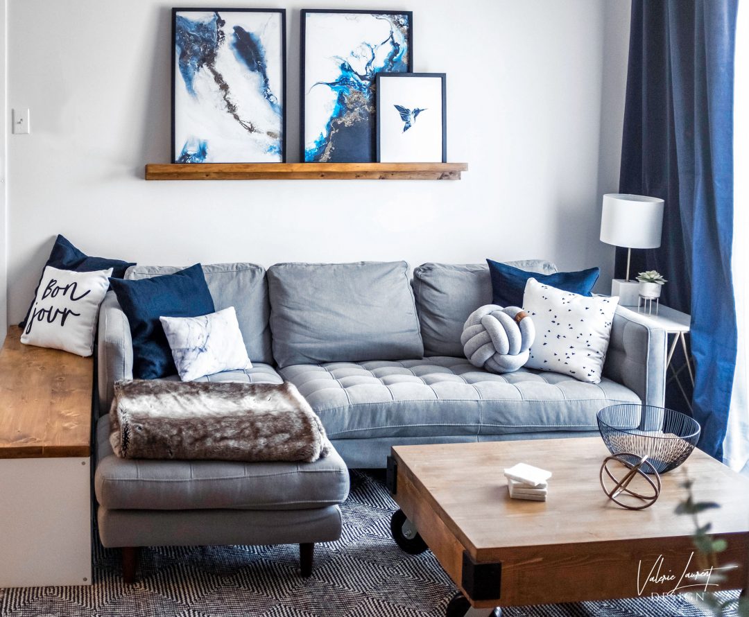 Contemporary living room navy blue grey desenio